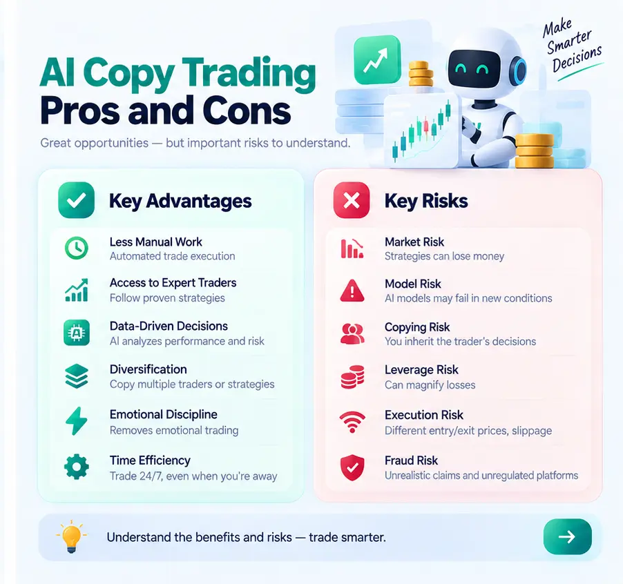 AI copy trading benefits and risks including automation, diversification, market risk, leverage, execution, and fraud