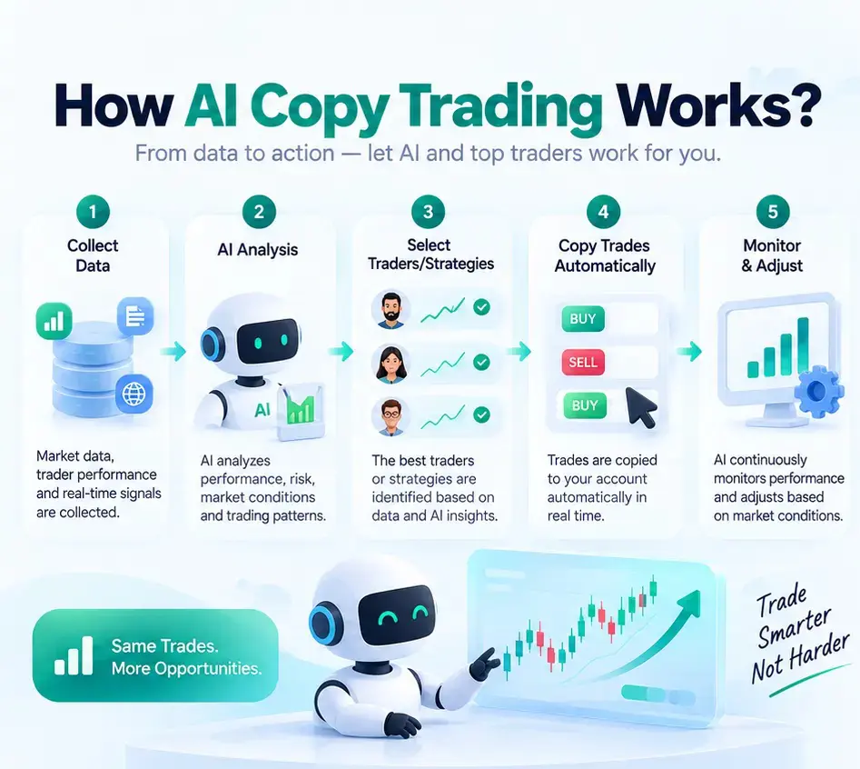 How AI copy trading works from data analysis and trader selection to automated trade execution and risk monitoring