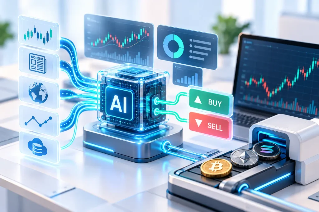 AI trading bot analyzing market data and generating automated trading signals