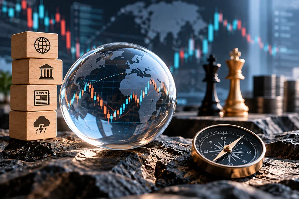 Global market risk and uncertainty represented by volatile trading charts, geopolitical factors, and financial market signals.