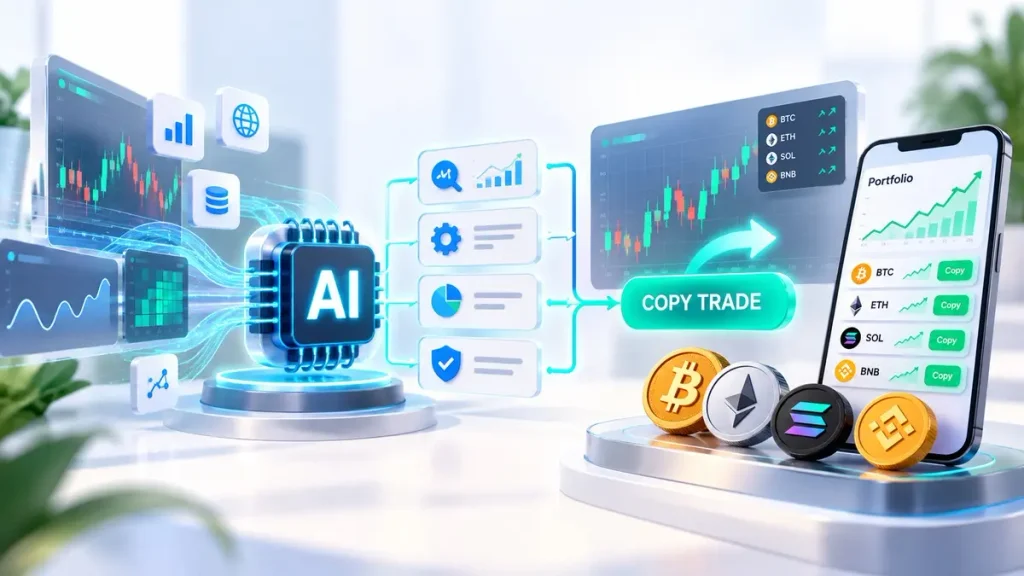 AI copy trading workflow showing market data analysis, AI signals, and automated trade replication across accounts