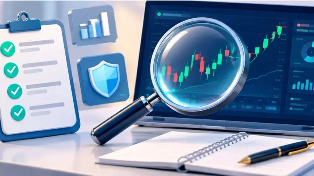 AI trader performance and risk evaluation dashboard with analytics, magnifying glass, and security checklist